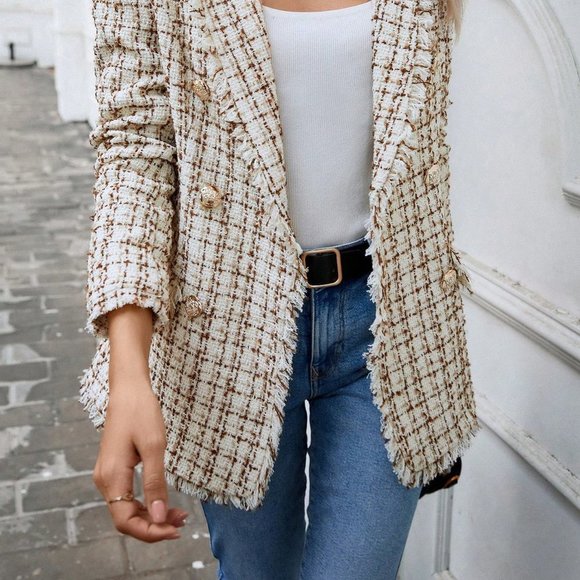 Multicolor Preppy Womens Plaid Pattern Raw Trim Lapel Collar Tweed Blazer - Picture 4 of 5